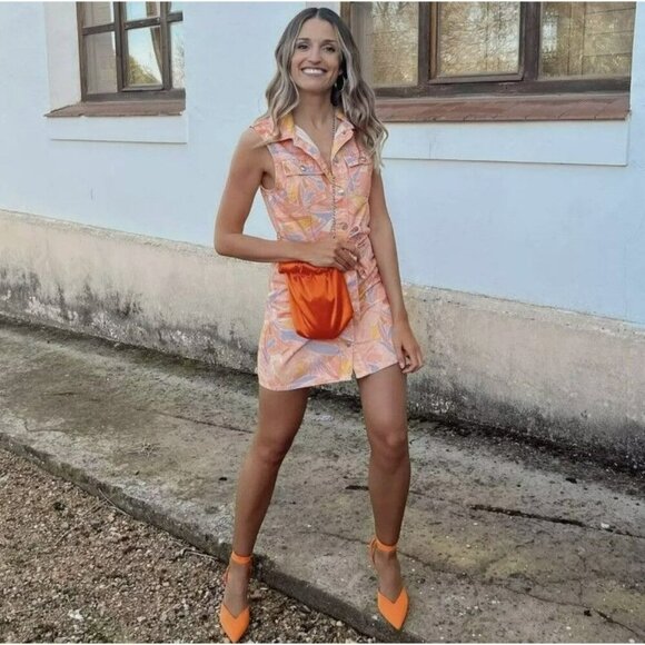 ZARA Colourful Peach Purple Printed Denim Button Up Dress Size Medium - Picture 5 of 13